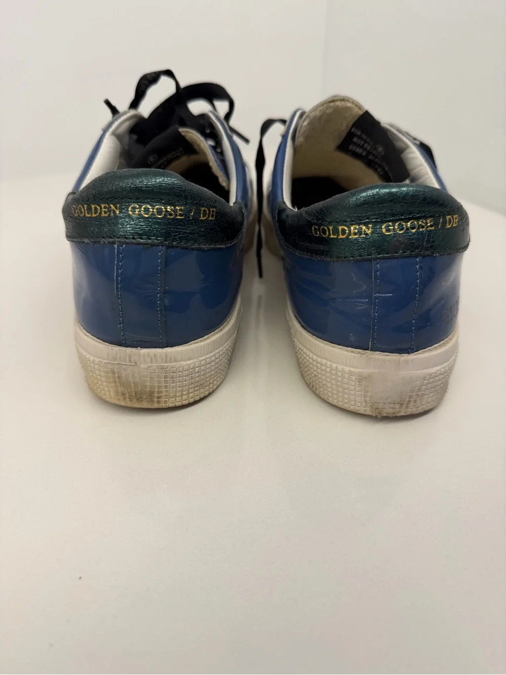 Golden Goose MAY- Blue Patent Superstar Sneakers with White Star, Green Heel Tab - Picture 4 of 4